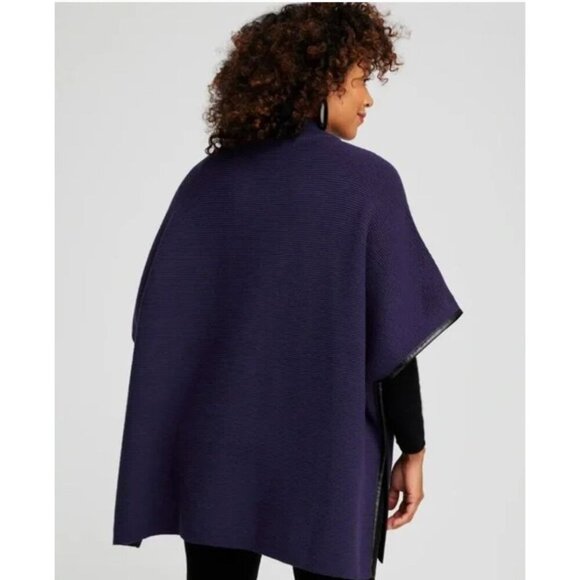 Chicos Purple Ruana Poncho Cape Sweater Zip Front Faux Leather Accent Trim S/M - Picture 2 of 12